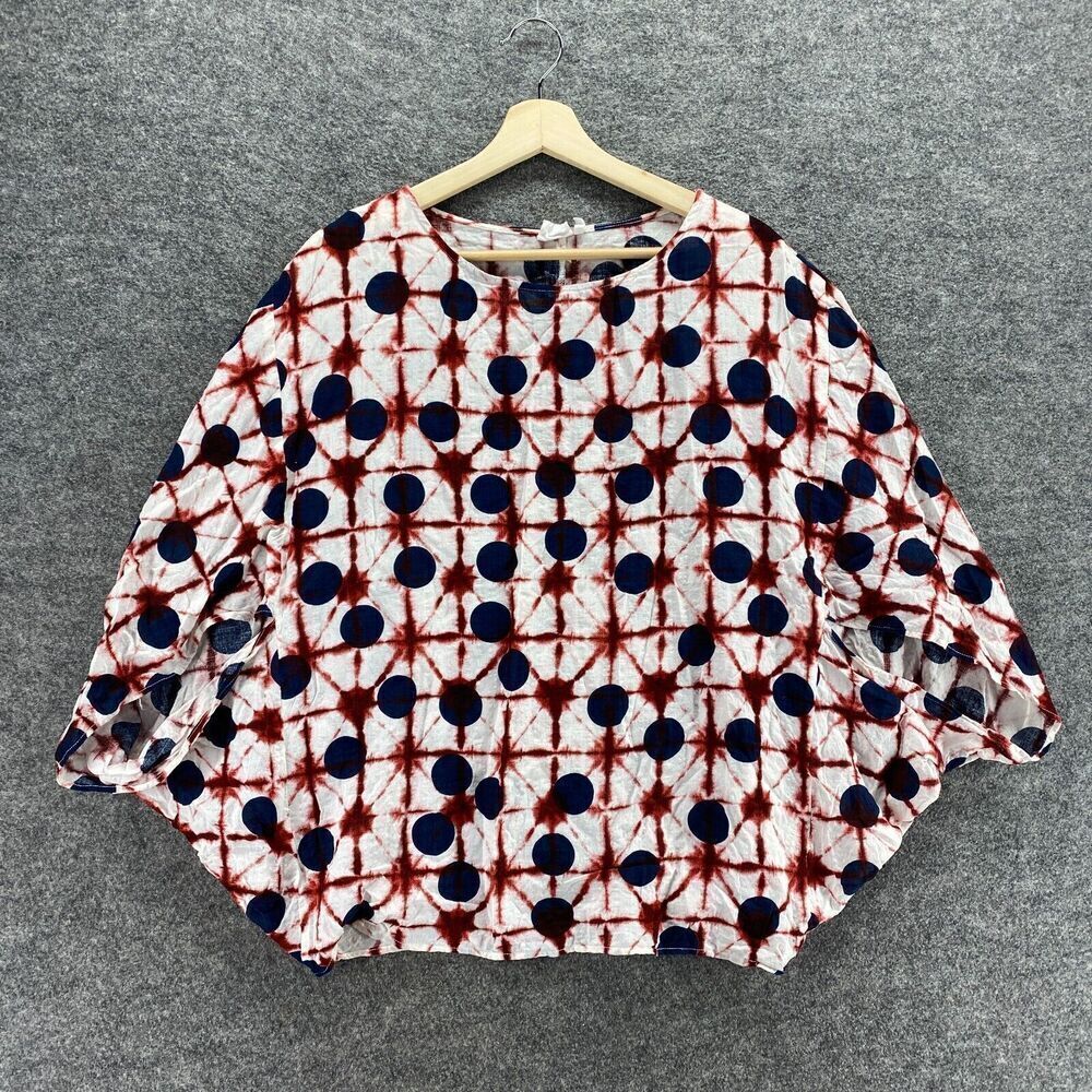 Simple Blouse Women M Medium White Polka Dot 3/4 Sleeve Round Neck Cotton Casual